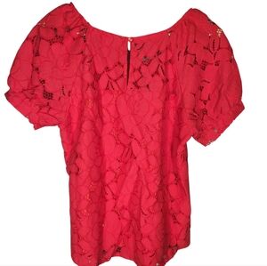 Monteau Los Angeles Sz S Red Lace Floral Short Sleeves Shirt Eyelet Blouse Lined